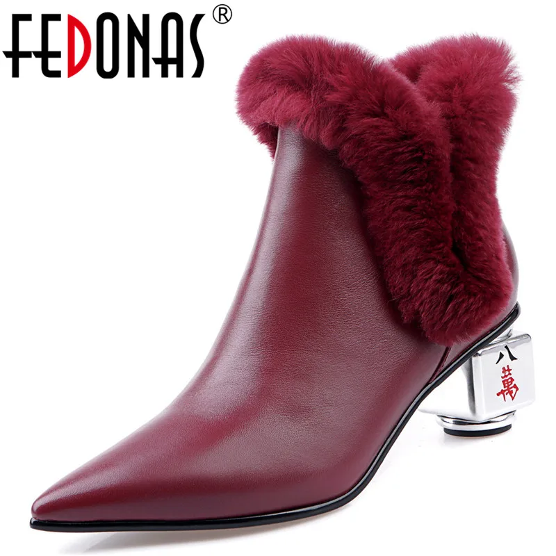 Женские ботильоны FEDONAS теплые ботинки из натуральной кожи на необычном каблуке