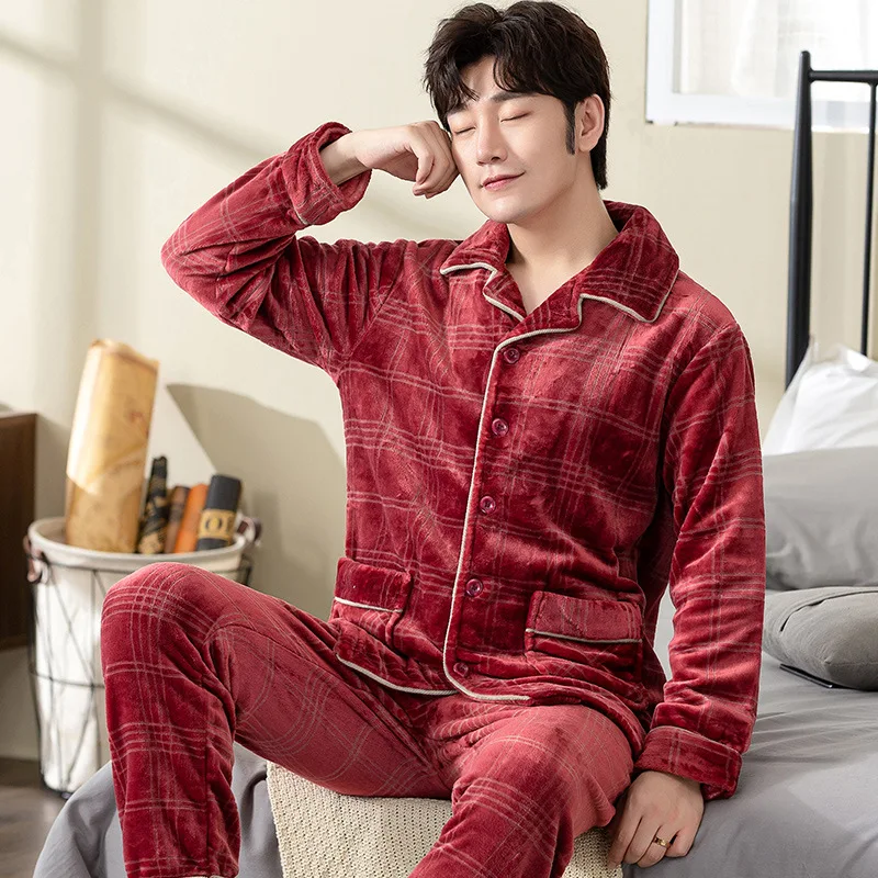 Warm Pajamas Men Winter Thick Homewear Pyjama Homme Hiver Coral Fleece Padded Lapel Large Size Simple Pajamas Suit Sonno Tops