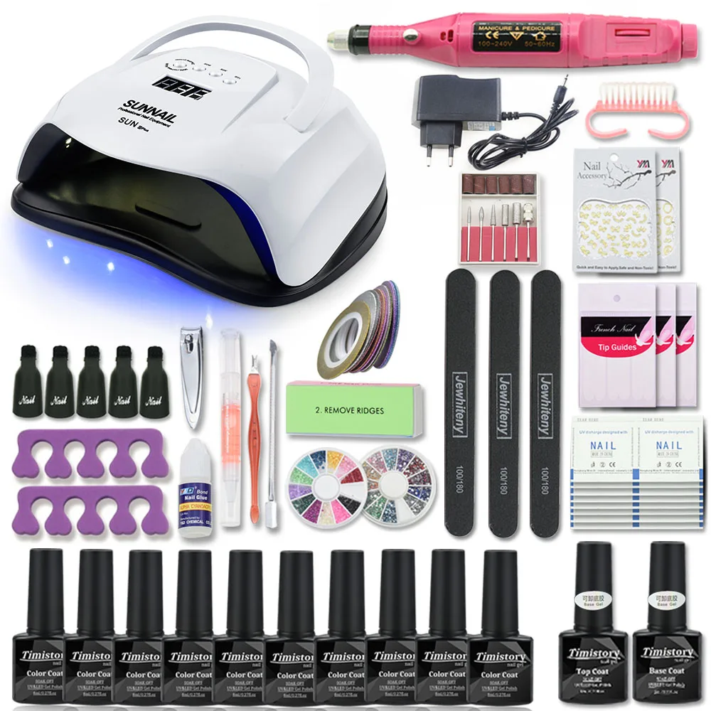 SUNX PLUS SET Маникюрный набор для маникюра, 80 Вт, УФ лампа, Сушилка для ногтей, набор для ногтей с ФРЕЗОЙ для ногтей, 10 шт., Гель-лак для ногтей, отмачиваемый, маникюрный набор инструментов - Цвет: SUNX PLUS SET