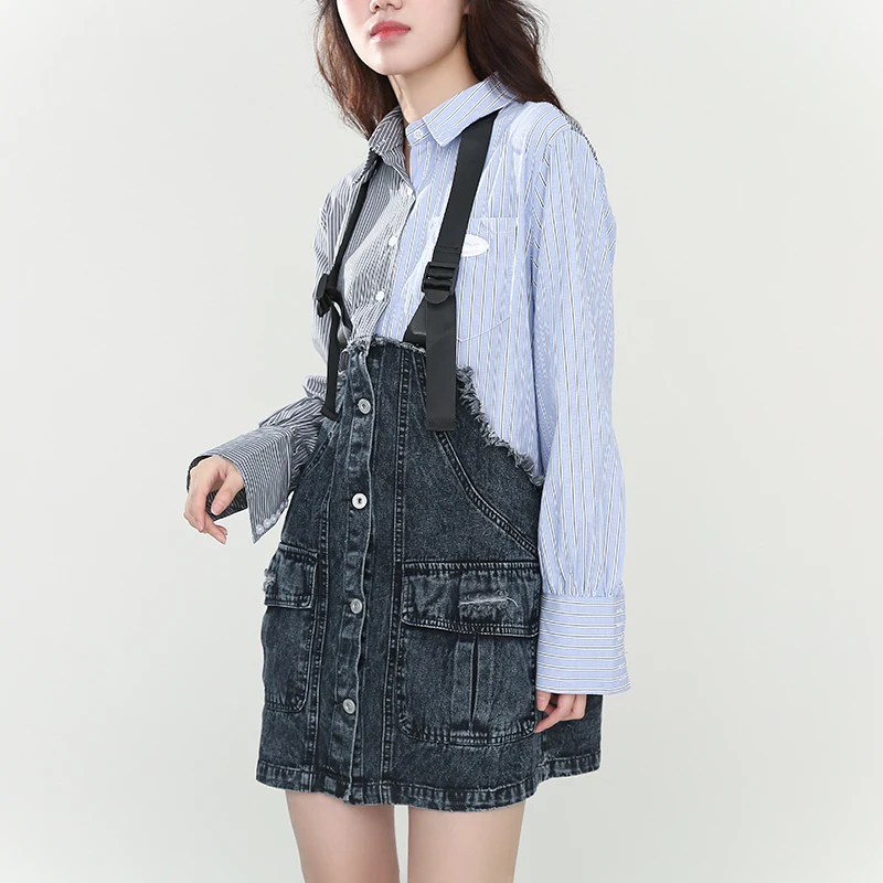 

[EAM] Women Gray Striped Denim Big Size Long Blouse New Lapel Long Sleeve Loose Fit Shirt Fashion Spring Autumn 2021 1DD483402