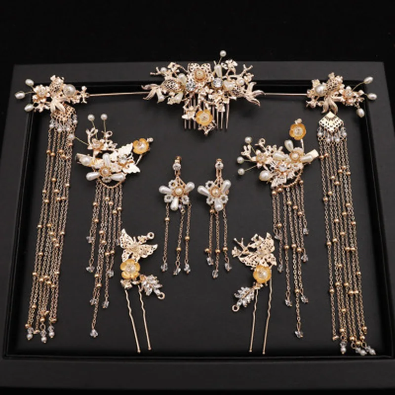 Traditional Chinese Hairpin Gold Hair Combs Wedding Hair Accessories Headband Stick Headdress Head Jewelry Bridal Headpiece Pin