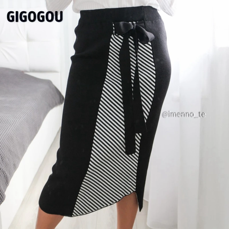 

GIGOGOU Irregular Hem Jacquard Knitted Skirts High Waist Women Knot Belt Maxi Skirts Elegant Autumn Winter Pencil Sweater Skirt