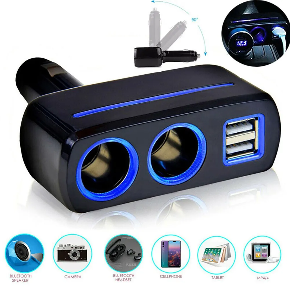 

2 Way Power Socket Adapter Splitter Charger Black Car Compact Design Double Dual USB