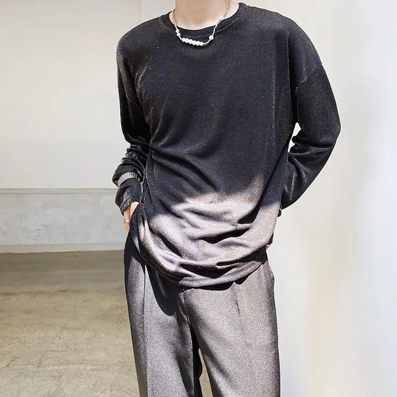 

Men Bright Silk Long Sleeve T-shirt Top Male Korean Fashion Japan Harajuku Streetwear Casual Bottom Tees Shirts Man Tshirt