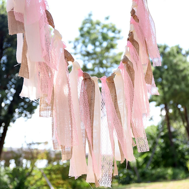 Floral Garland String Hanging Bunting Banner Birthday Party Backdrop Flags Linen Lace Pull Flag Ribbons for Wedding Decoration