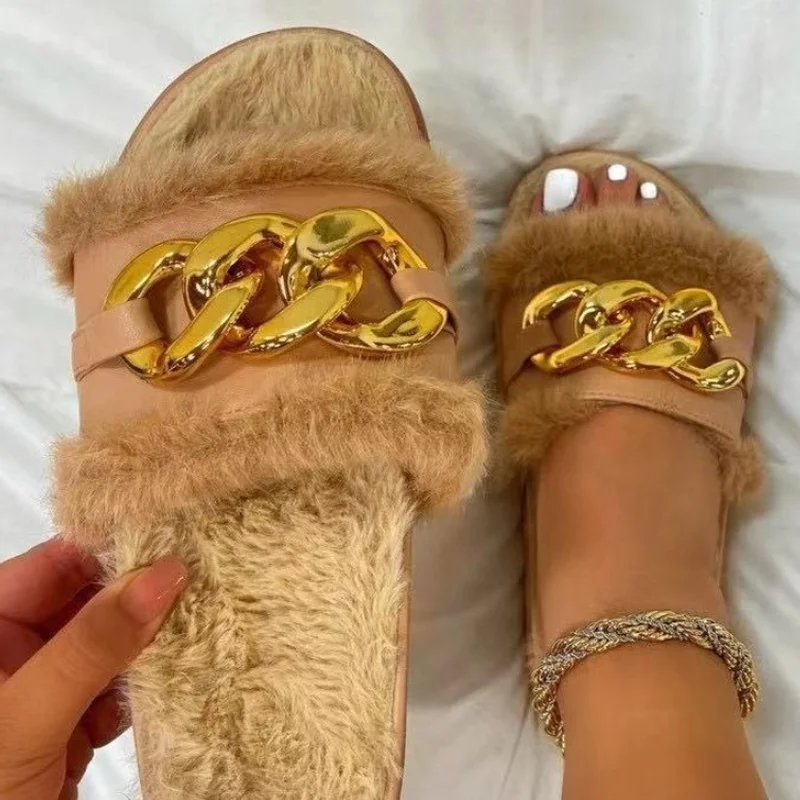 

Fashion Open Toe Solid Color Women Slippers Metal Chain Outdoor Casual Round Toe Thick-soled Fur Sandals Large Size All-match