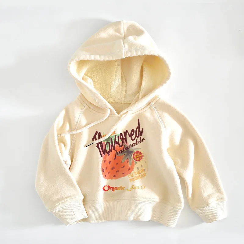 

A strawberry cartoon pattern raglan sleeve pullover hooded beige sweater new parent-child outfit