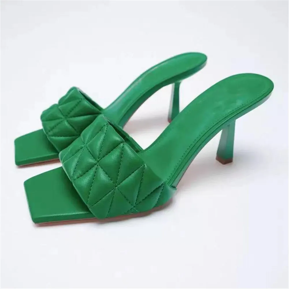 

2021 New Brand Design Women Slides Thin High Heel Ladies Summer Slipper Embroidery Peep Toe Slip On Green Sandal Mujer Shoes