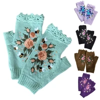 women winter crochet knitted fingerless gloves sweet colorful floral bee embroidery thumbhole texting mittens arm warmer