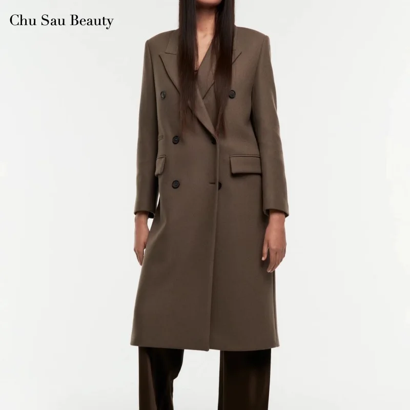 

2021 ZA New Women's Autumn/Winter Suit Collar Double-Breasted Thick Warm Woolen Coat Pocket Decoration Fashionable All-Match