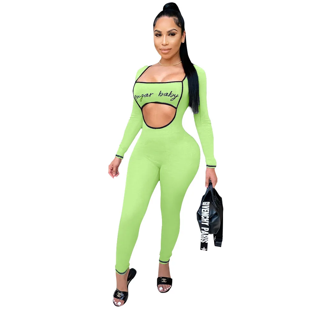 

Casual Women Solid Letter Printing Jumpsuits Female's New Arrivals Square Collar Full Sleeve Hollow Out Bodycon Rompers