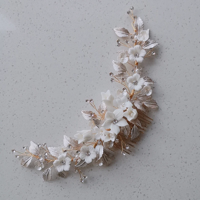 White Porcelain Flower Wedding Crown Bridal Hair Comb Accessories Handmade Women Headpiece Party Prom Jewelry