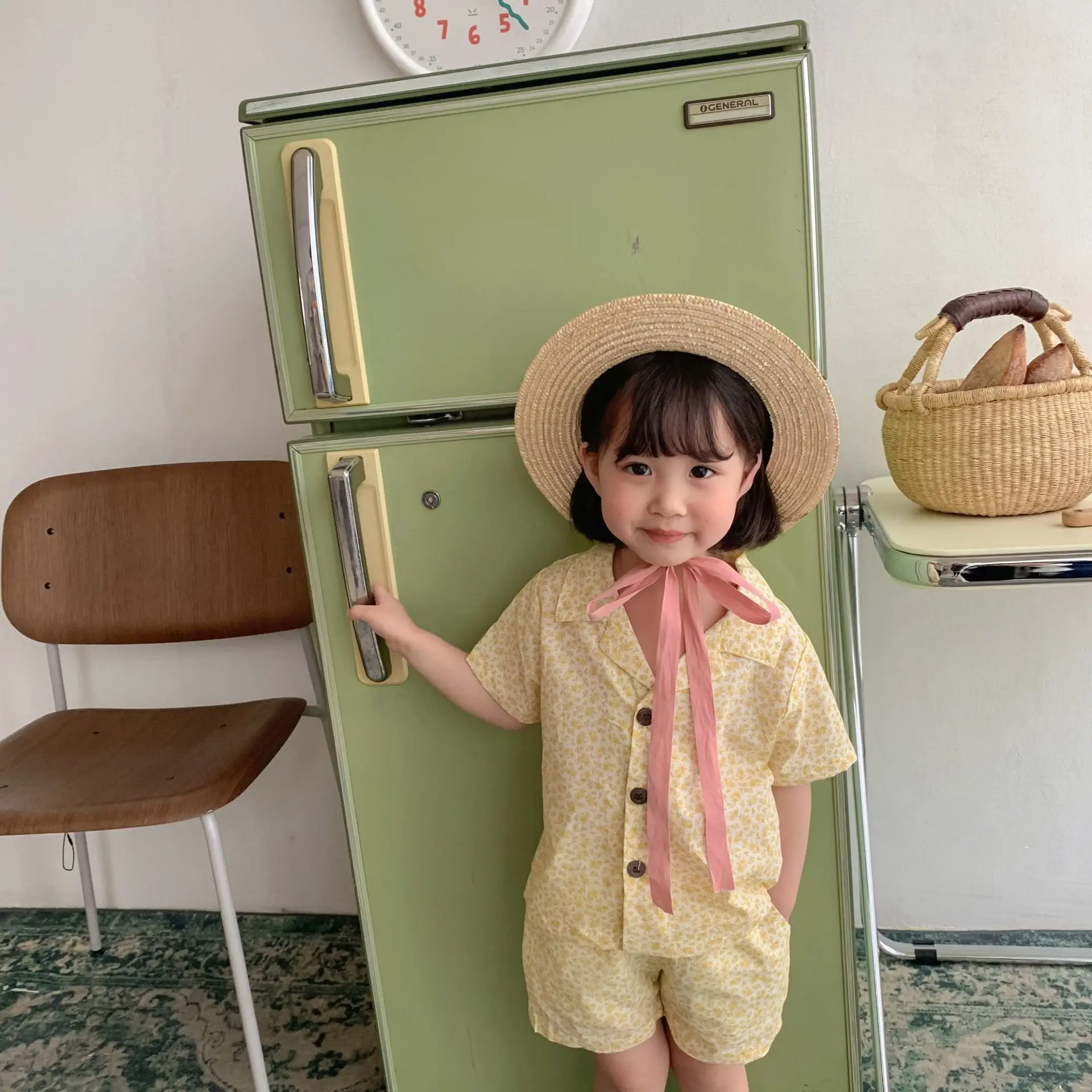 

Toddler Baby Girl Cotton Floral Pattern Printed Fashion Short Sleeve Shirt + Kid Boy Breathable Thin Section Shorts 2pcs Set