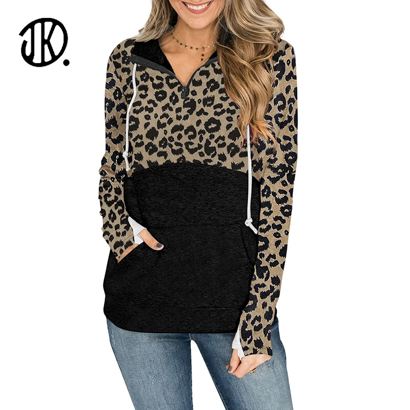 

Autumn Long-sleeve Pattern Stitching Pullover Lady Hooded Zipper Sweatshirt Plus Size Loose Female Tops Winter Casual Pocket Top