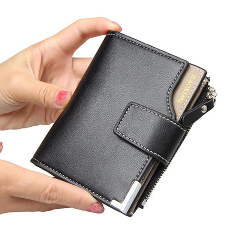 

Кожаный кошелек для мужчин, короткий многофункциональный мужской бумажник на молнии с вертикальной пряжкой, вместительный Повседневный кл...