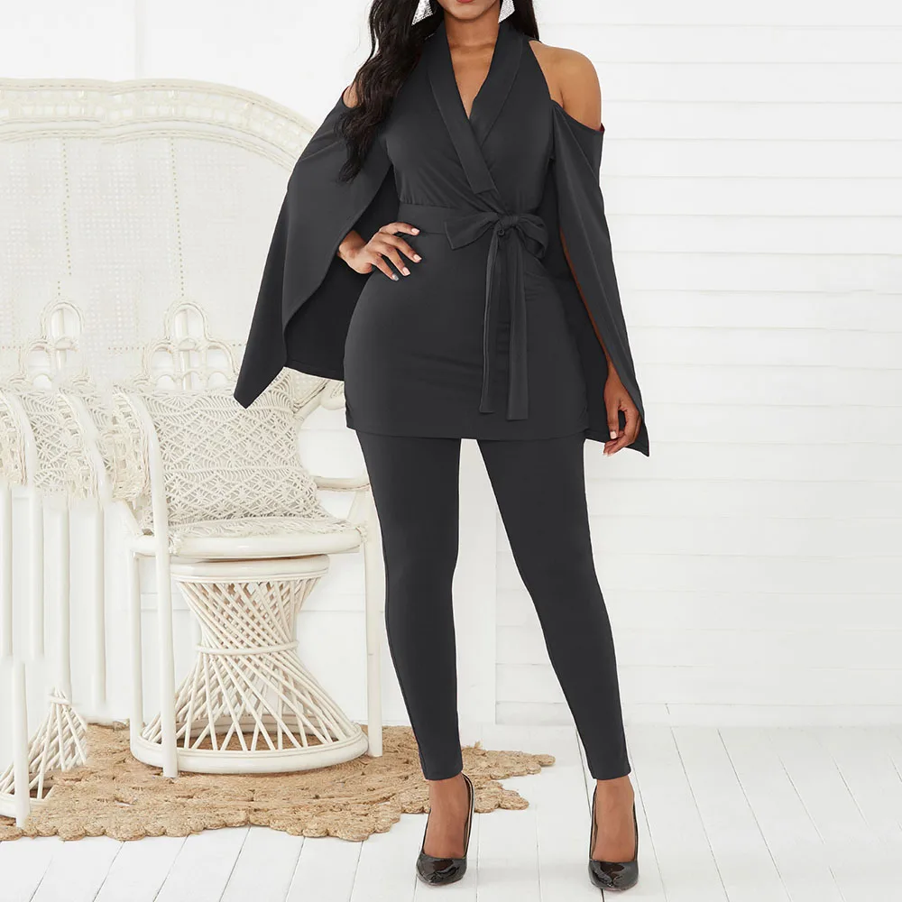 

sexy v neck slim open shoulder cloak sleeve elegant women evening party jumpsuit romper african style skinny solid overall lady