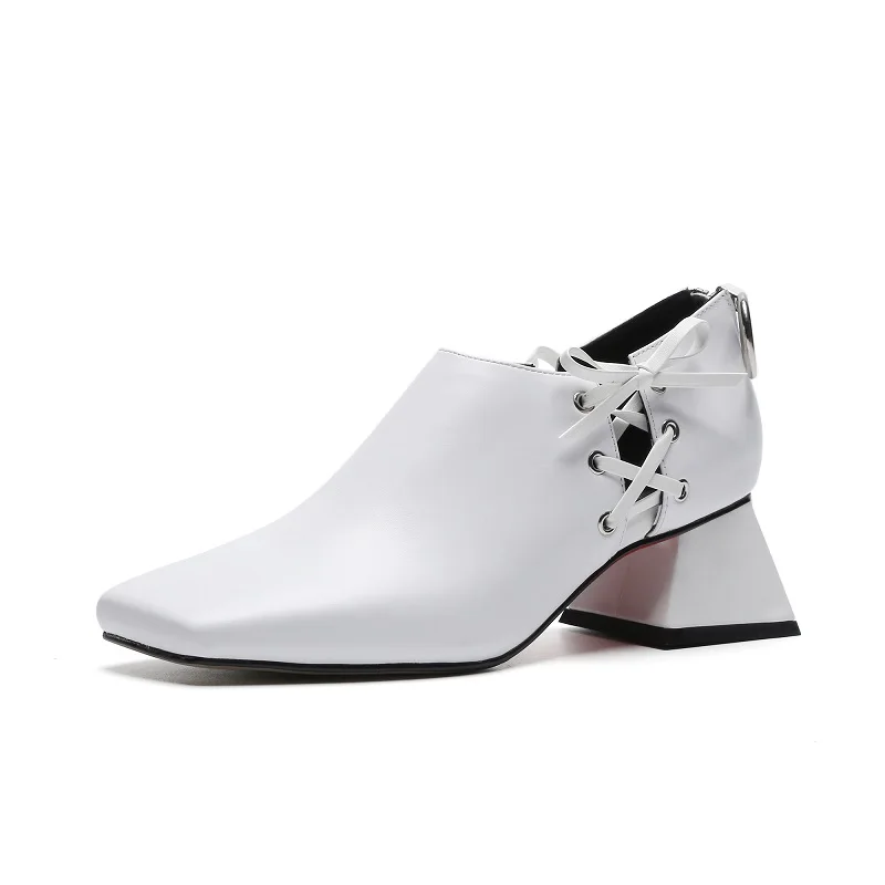 Jual Asli Niat Fashion Kulit Asli Sepatu Wanita Renda Hitam Putih Sipke Sepatu Hak Tinggi Kualitas Square Toe Sepatu Wanita Mature