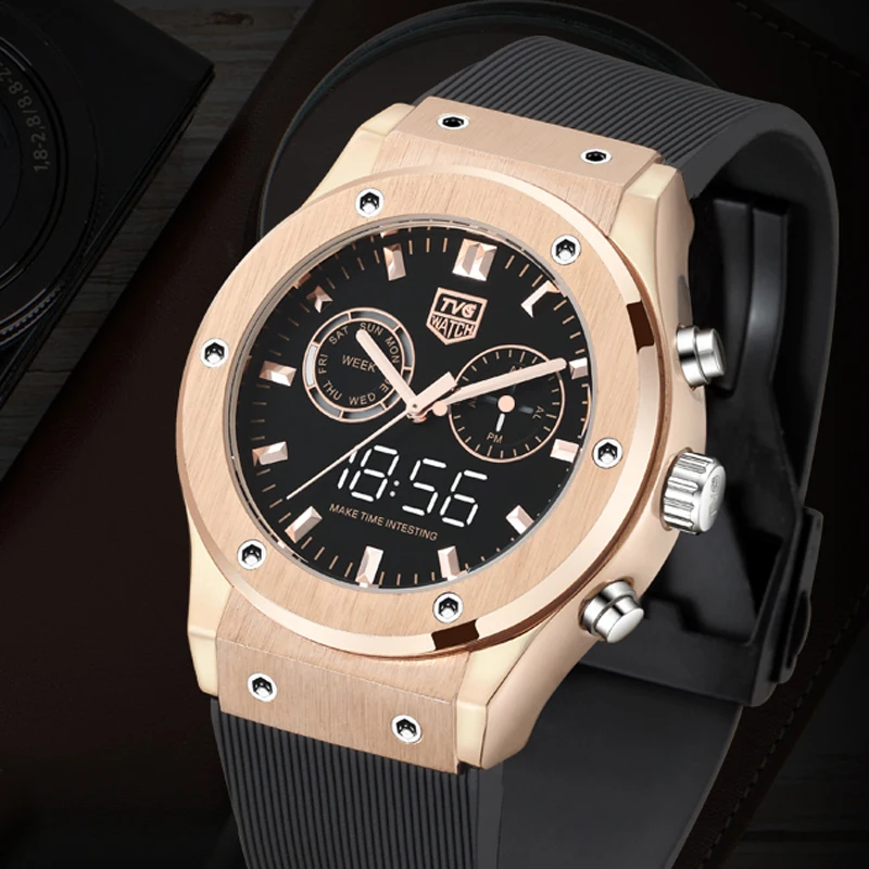 TVG Top Brand Watch Luxury Rose Gold Sports Watches Men Led Display Digital Analog Quartz Wristwatches Multifunction Watch