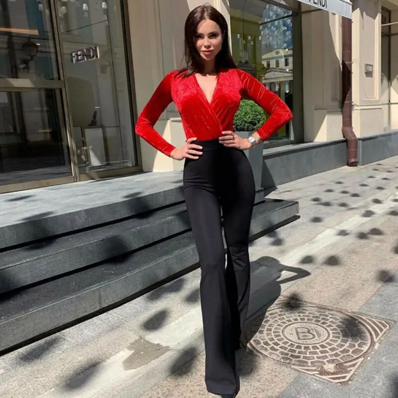 

2019 NEW Sexy Women Deep V-neck Jumpsuit Bodycon Bodysuit Top Blouse Long Sleeve Solid Stretch Leotard Party Cubwear Bodysuits