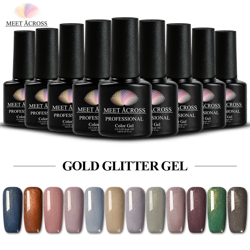 MEET ACROSS 12 Colors Nail Glitter Gel Polish Nude Gold Soak Off Shining UV LED Varnish Manicure Need Base Top Polish|Гель для ногтей| |