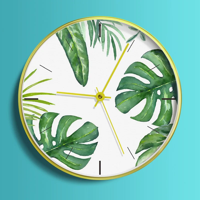 

Scandinavian Style Tropical Plants Wall Clock Living Room Study Household Fashion Round Silent Art Wall Watch Home Decor 12Inch