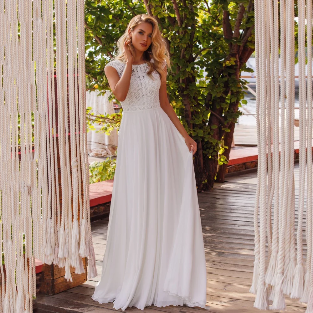 

2022 богемное свадебное платье А-силуэта, пляжные свадебные платья в стиле бохо, кружевное шифоновое платье с глубоким круглым декольте и шле...