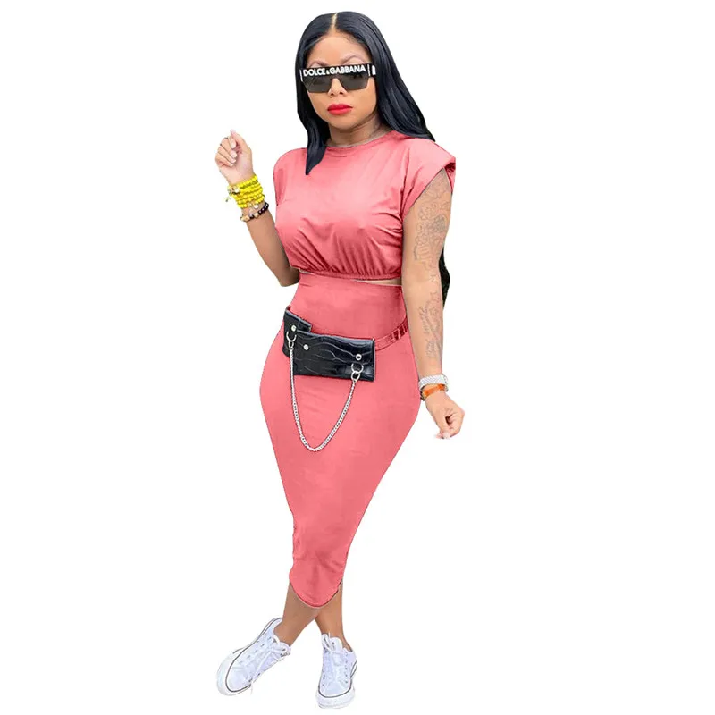 

2 Pieces Suit Set, Women’ s Solid Color O-Neck Drop-Shoulder Sleeve Tops+ Package Hip Skirt for Summer, S/M/L/XL/XXL