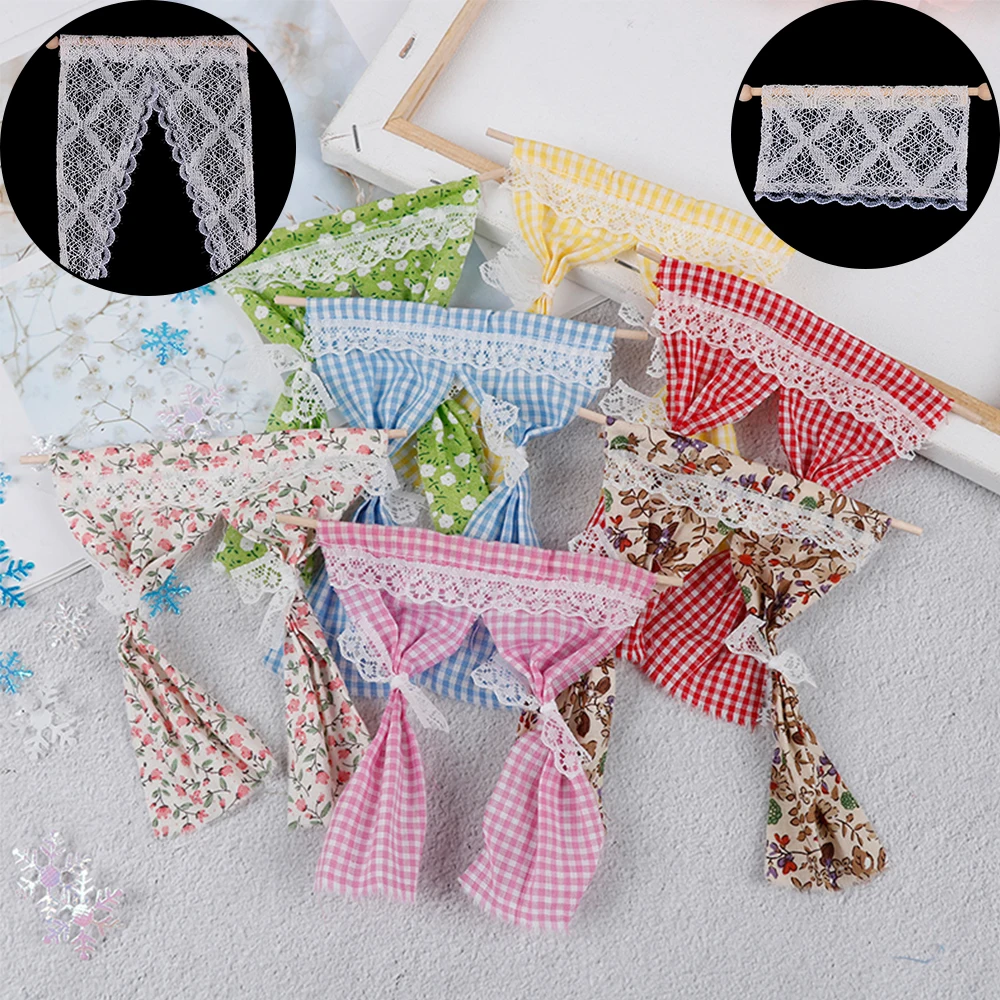 

1/12 Dollhouse Miniature Lace Curtain with Wooden Rod Doll House Decoration Cassic Toy for Kids Dolls Accessories