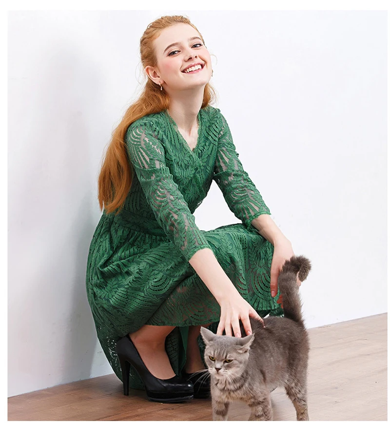 Женское ажурное платье с принтом зеленых листьев Повседневное до колена