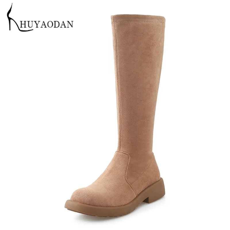

Winter Women's Knee High Suede Leather Stretch Round Toe Boots Warm Slip-On Med Heels Shoes Woman Leisure Platform Long Boots 39