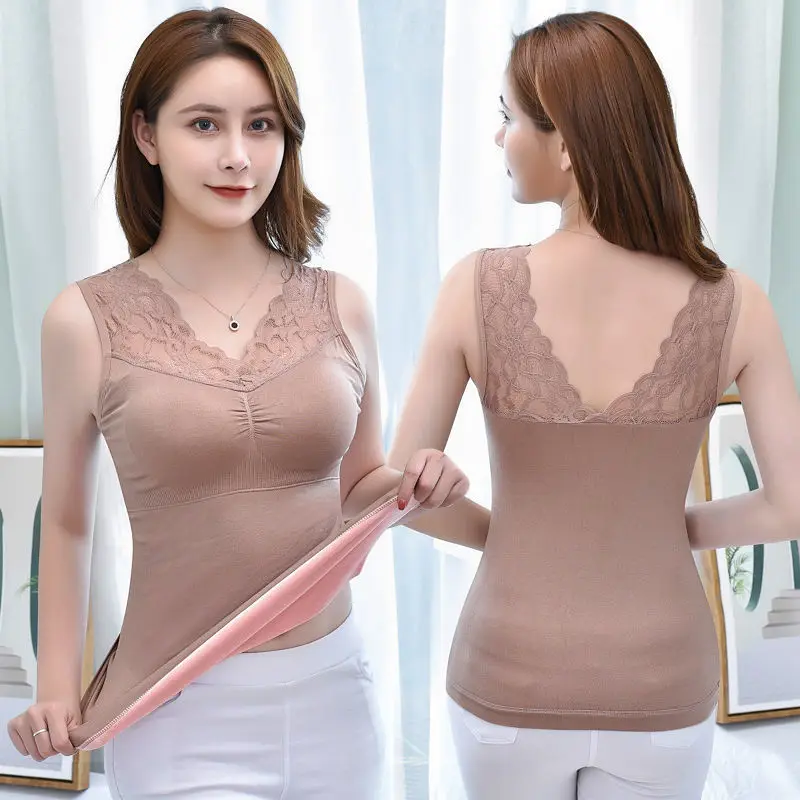 

Autumn and Winter New Seamless Fleece Thickened Thermal Underwear Women 's Comfortable Slim Fit Girl Warm Bottoming Vest X407