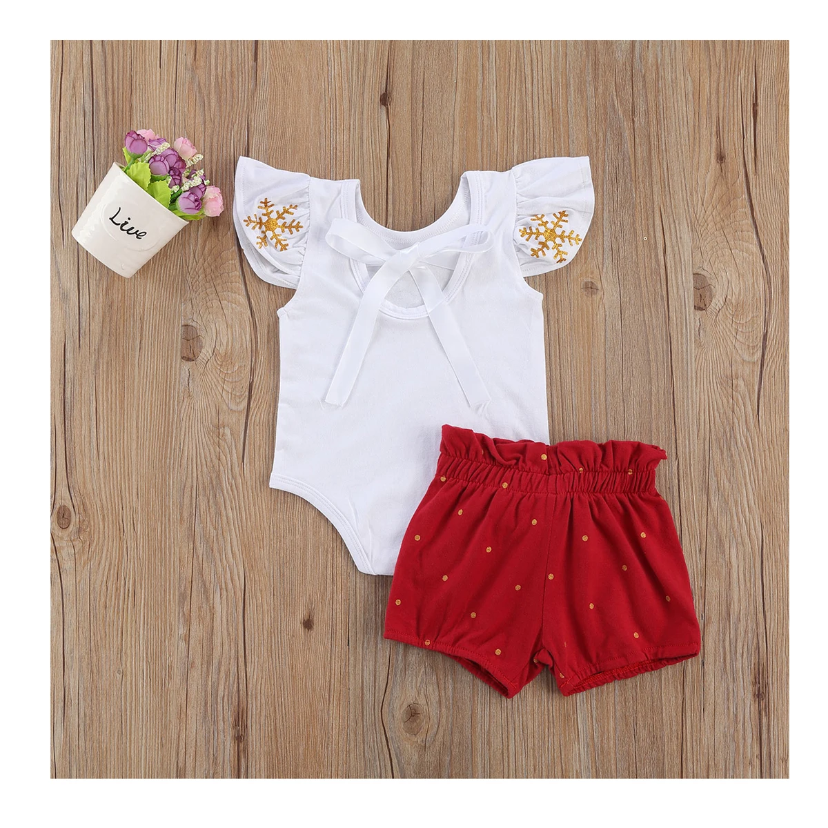 

New Christmas Baby Girl 0-18M 2 Pcs Outfits Infant Short Sleeve Round Neck Letter Romper + Polka Dot Ruffle Shorts