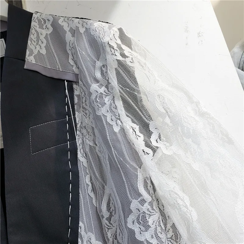 

2021 Spring Fall Female White Fashion Lace Stitching Suit Jacket Women Hollow Design Patchwork High Street Long Sleeve Blazers