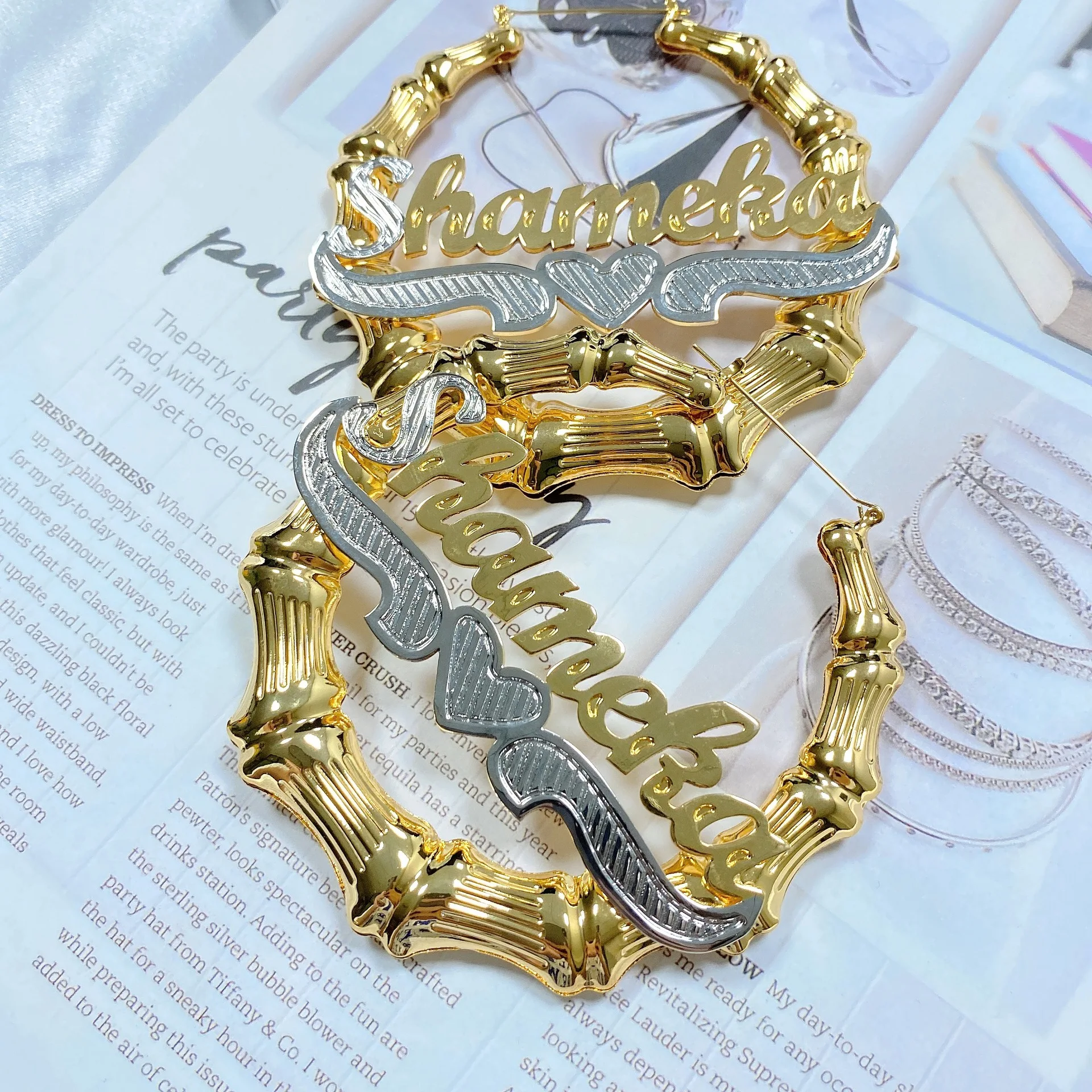 

Customized Name Earrings Personalized Letter Alloy Carved Two Color Bamboo Hoop Earring for Women Pendientes Mujer Hiphop Gift