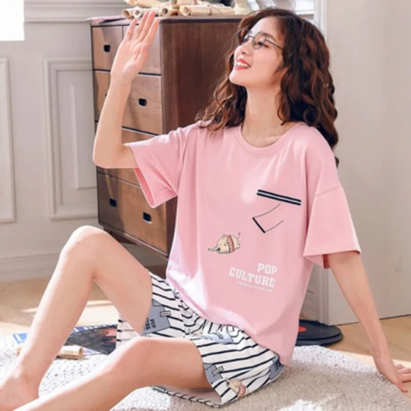 Летние пижамы для женщин с коротким рукавом Ночная одежда пижама костюм милый