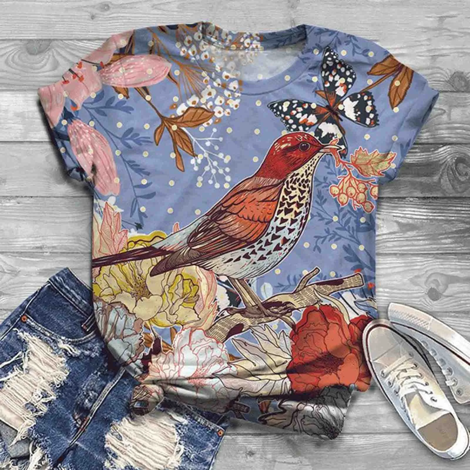 

Plus Size Women T Shirts Summer Short Sleeve 3D Animal Bird Printed O-Neck Tops Tee T-Shirt Casual Pullover Top Female TShirts
