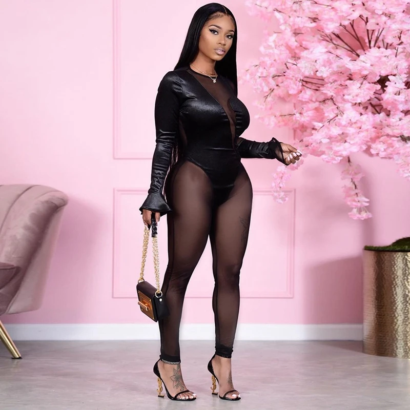 

Party Bodycon Flare Long Sleeve Jumpsuit Women Sheer Mesh Patchwork Sexy Jumpsuit Autumn Hollow Out Club Rompers Womens Jumpsuit