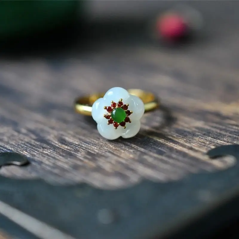 

New silver inlaid natural Hotan White Jade Flower Ring Chinese style court minority design charm women's brand jewelry