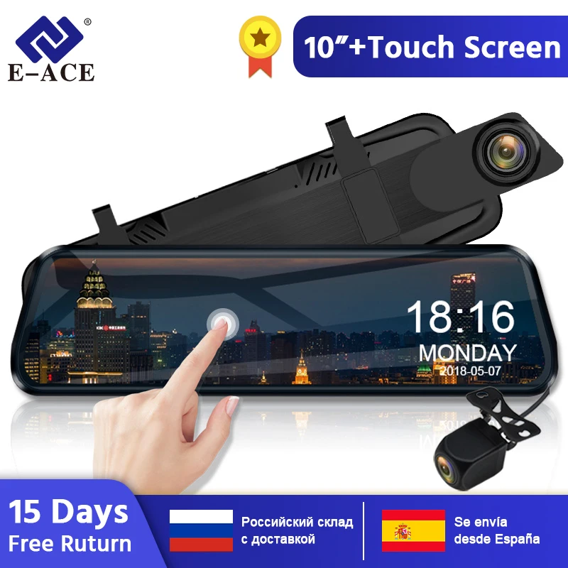 E-ACE Автомобильный видеорегистратор Камера 10 дюймов Сенсорное потоковое зеркало заднего вида Dash Cam FHD 1080P регистратор видео регистратор с камерой заднего вида
