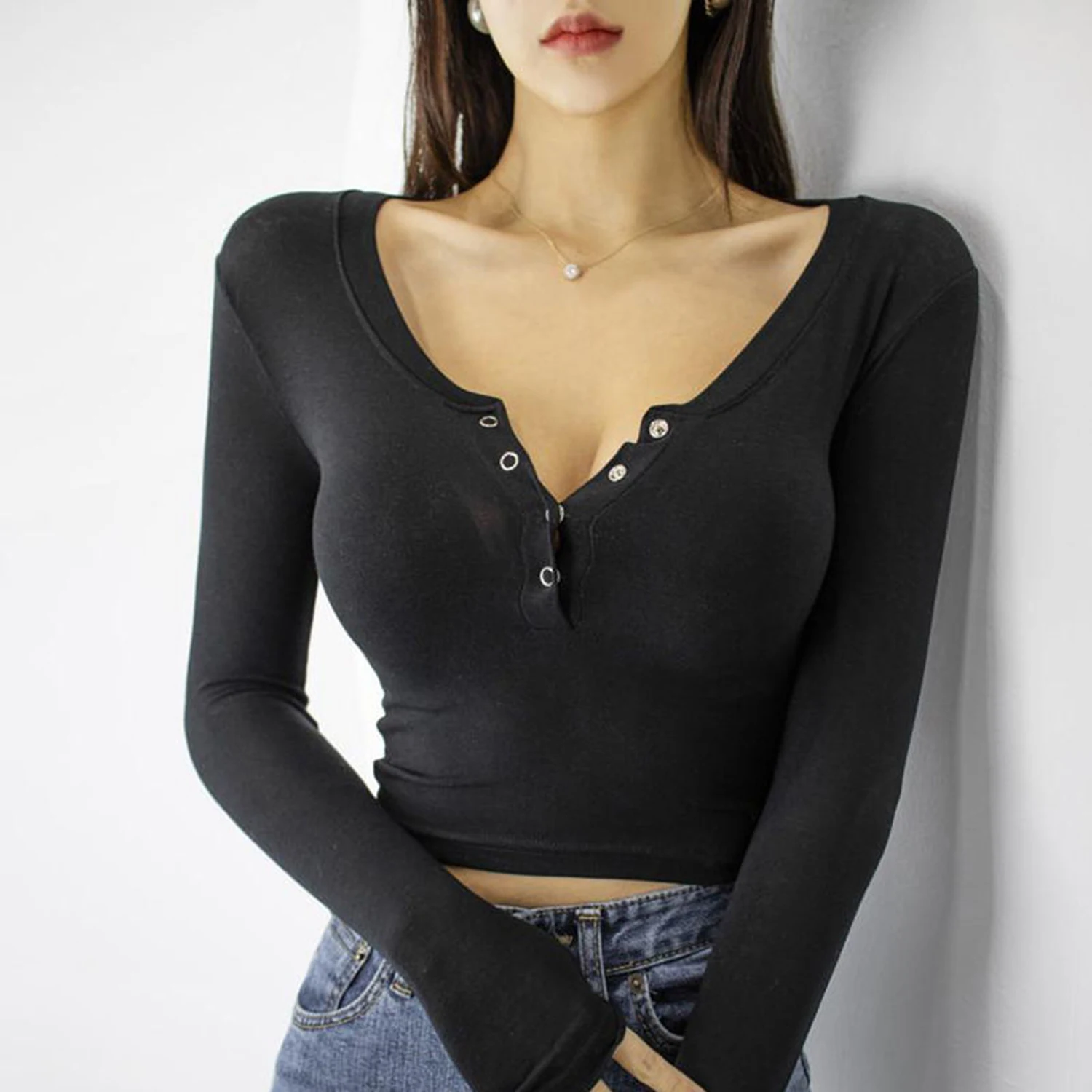 

Y2k сексуальное платье с v-образным воротом, с длинным рукавом Топ для женщин в Корейском стиле; Модная, Повседневная футболка с коротким рука...