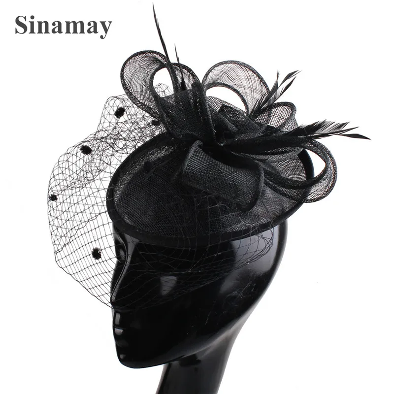 Yellow Elagant Ladies Sinamay Fascinators Feather Mesh Hair Accessories Bridal Wedding Dot Veils Headdress Fedora Caps |