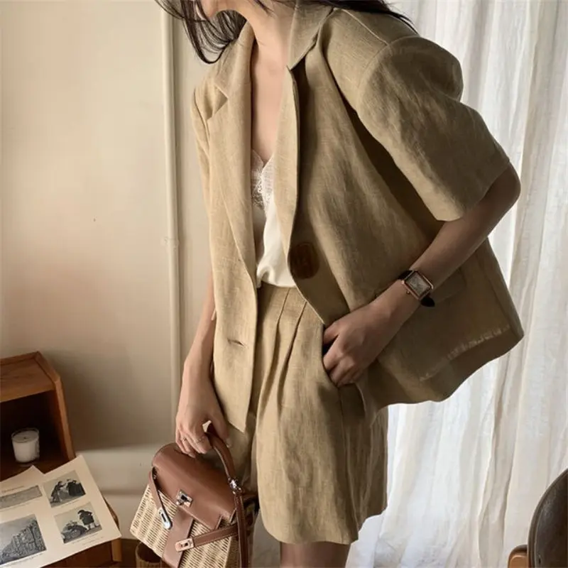 Костюм женский из 2 предметов Тонкий Блейзер цвета хаки хлопка и льна в