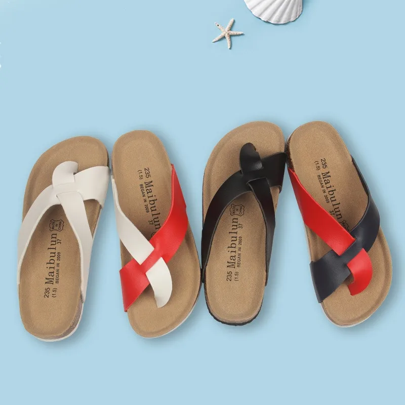 

Шлепанцы женские кожаные на пробковой платформе, повседневные сандалии с перекрестным носком, пляжные тапочки, сланцы, летняя модель 2022