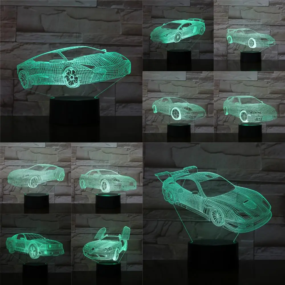

7 Colors Changing Popular Supercar 3D USB Lamp Grand Touring Car Night Light Desk Beside Sleeping Decor Gift For Kids Boys Lover