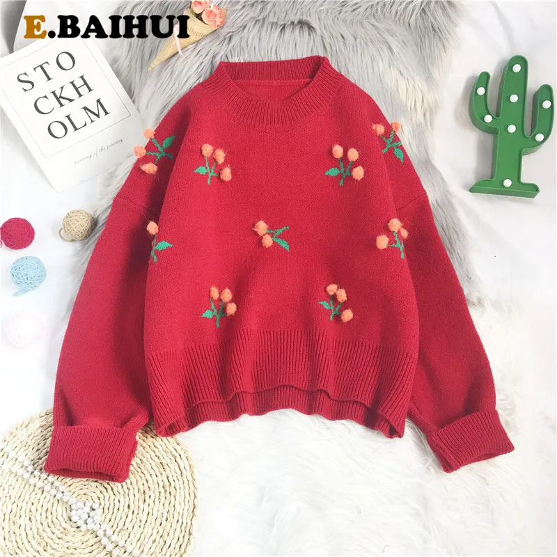 

Женский короткий свитер EBAIHUI Cherry, красный свитер в Корейском стиле на осень и зиму, свободная верхняя одежда, новинка 2021, винтажный милый пул...
