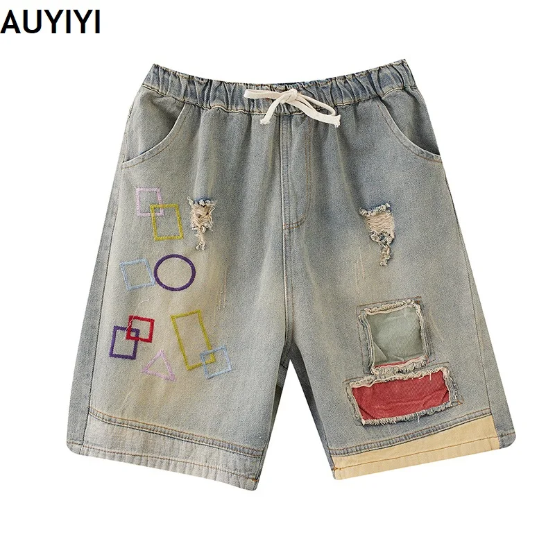 

2021 new literary retro fashion plus size women's pants were thin and fat mm printed denim shorts casual pants AUYIYI