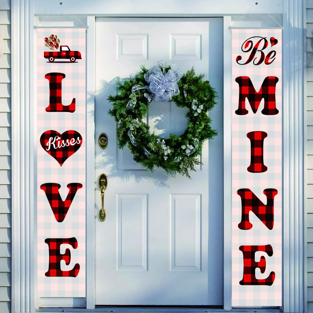 

Hanging Flag Porch Signs Valentines Banner Decorations Banners 2 Pieces 100D Polyester Wall Decors Holiday Plaid Couplet