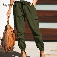 2021 new fashion elegant women long pants streetwear casual pockets lace up cargo pants spring summer solid office lady trousers