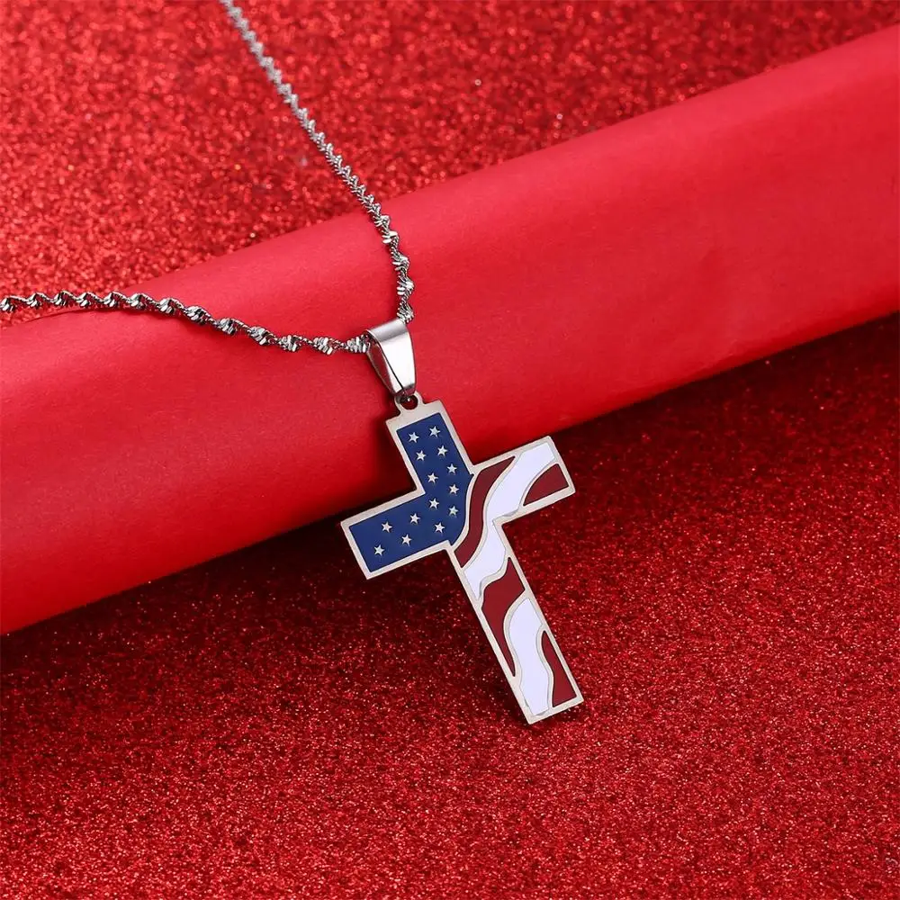 Американский флаг США крест кулон ожерелье звезды полосы эмаль Иисус религия