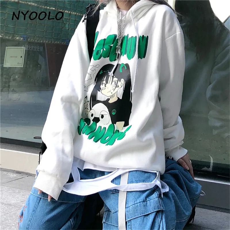 NYOOLO Harajuku стиль аниме девушка буквы печати Свободные теплые толстовки осень зима с капюшоном плюс бархат пуловер Толстовка для женщин мужчин